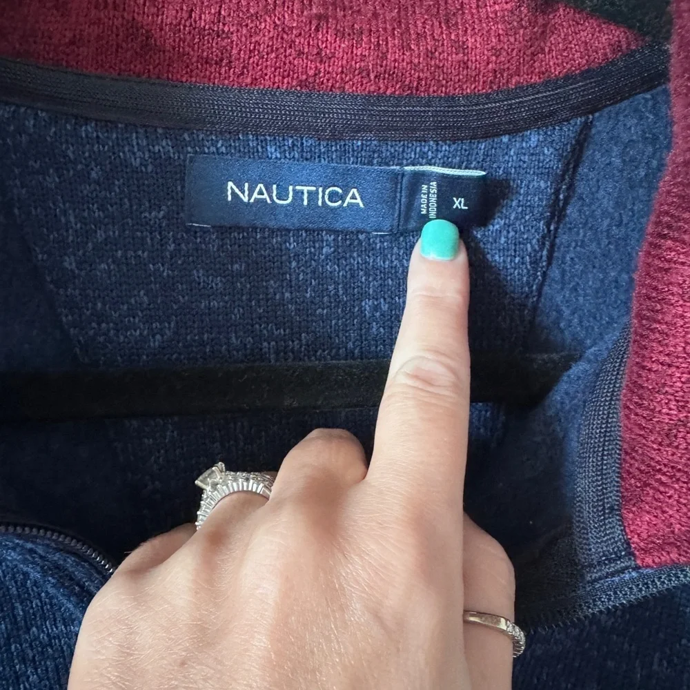 Nautica Blue with Burgundy Pull Over Quarter Zip-Up Sweater-XL
